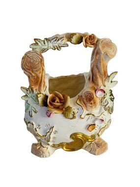 Vintage Lipper and Mann Japan 3D Floral Ceramic Basket Vase Planter